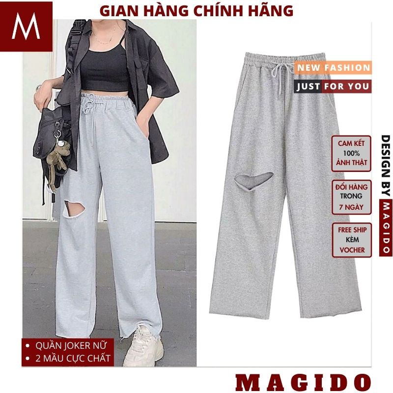 Quần Nỉ Ống Rộng Rách Gối XÁM dành cho nam nữ 💚Quần Baggy Cạp Cao Thun Dài Rách Đùi Unisex Siêu Hot , boom, joker MAGIDO