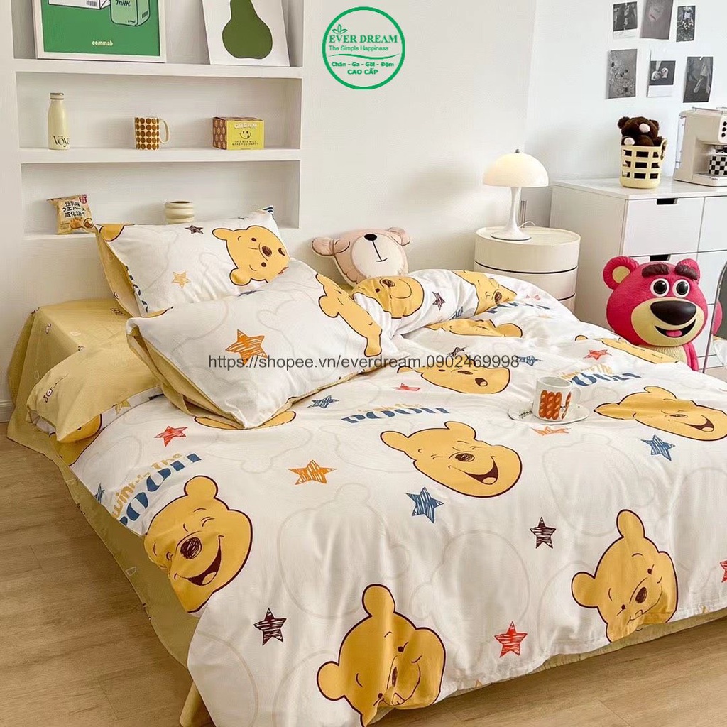 Bộ chăn ga 4 món Gấu Pooh EverDream 76 hàng nhập khẩu, 100% cotton living cao cấp, đủ mọi kích thước, miễn phí bo chun
