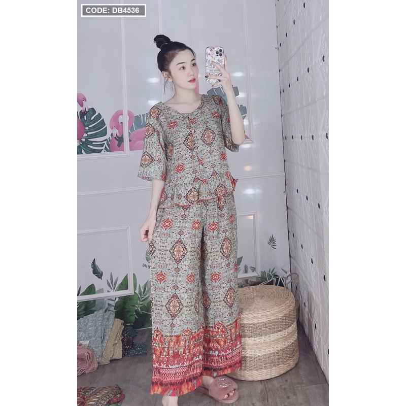Đồ bộ nữ cổ tim cài nút quần dài ống rộng