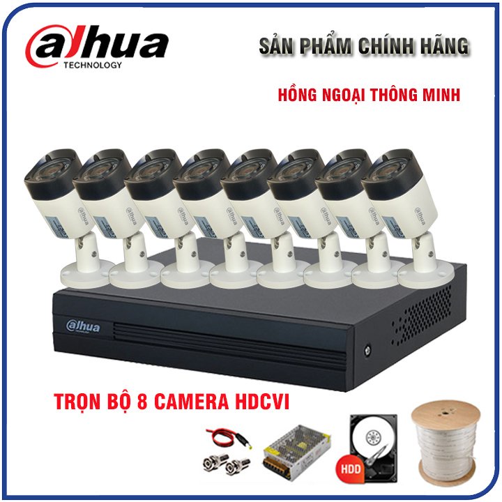 Trọn bộ 8 Camera giám sát DAHUA HDCVI Độ nét cao, góc rộng, Hồng ngoại thông minh Cao cấp - BH 24 Tháng