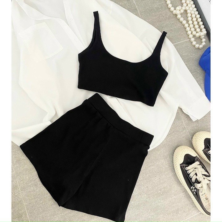 set 3 món áo 2 dây quần short kèm áo sơ mi voan mềm mịn form rộng