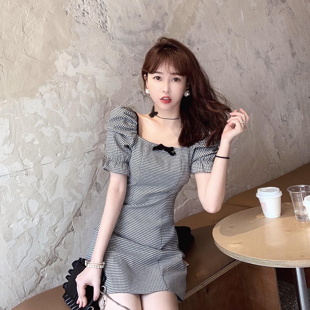 Đầm Cổ Vuông Tay Phồng Ôm Eo Phong Cách Pháp Mẫu Mới 2021 Thời Trang Mùa Hè Cho Nữ