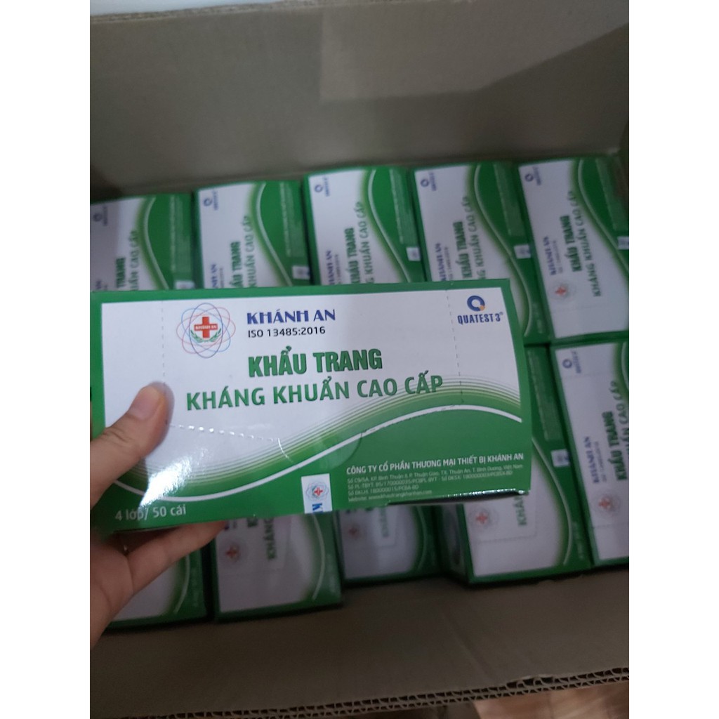 Hộp 50 khẩu trang y tế khánh an 4 lớp kháng khuẩn màu xanh - hàng sẵn Hình Thật