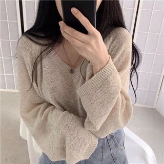 (Sẵn be) Áo len mỏng dáng thụng basic Hàn Quốc
