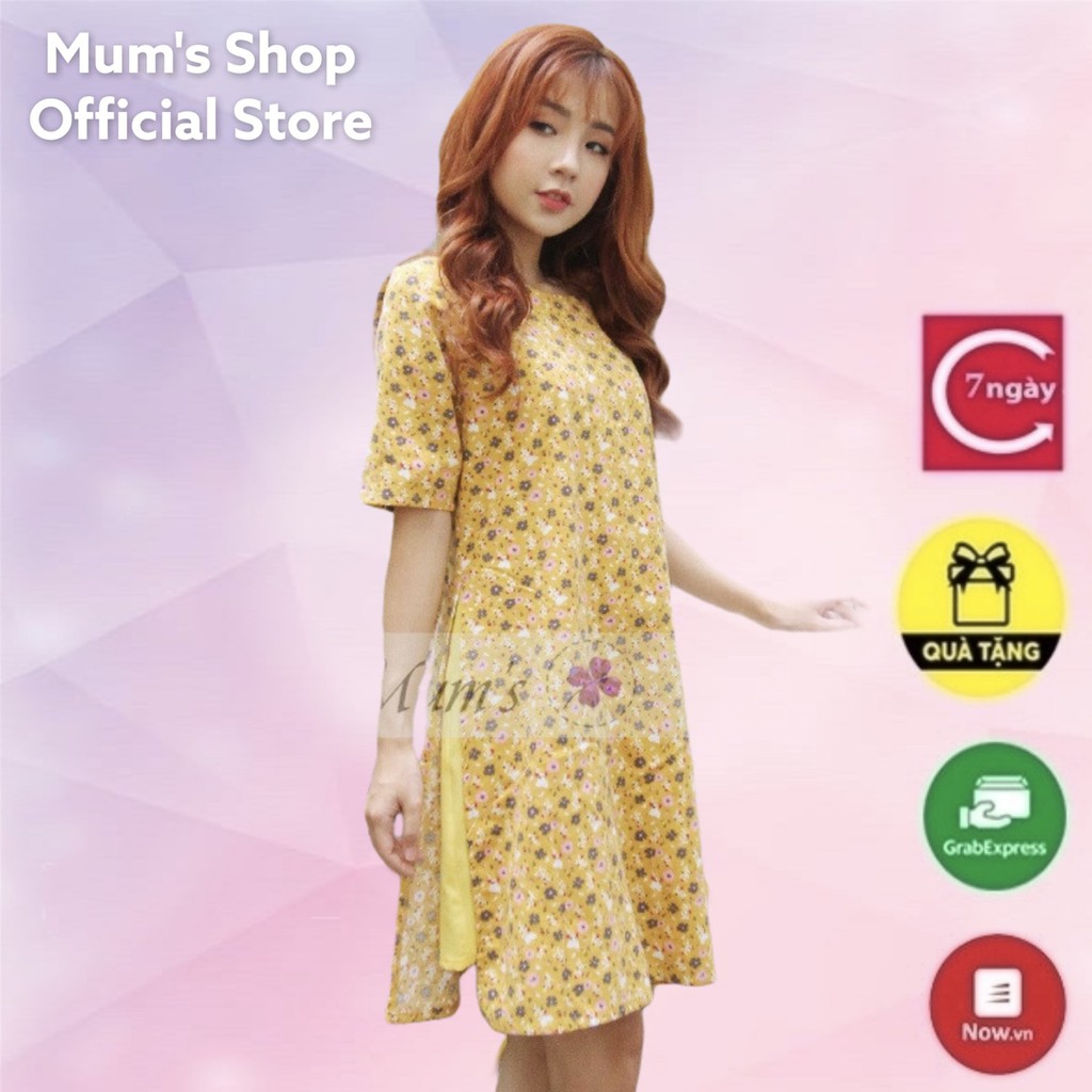 ĐẦM BẦU  FREESHIP  Váy đũi bông vàng hoa nhí xẻ tà