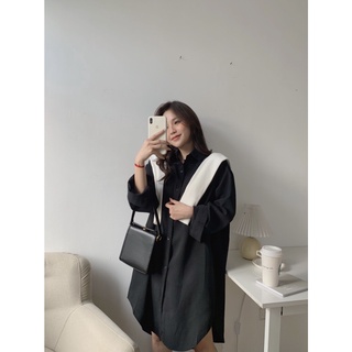 Váy sơ mi xốp V-11635, áo sơ mi đen oversize dáng dài