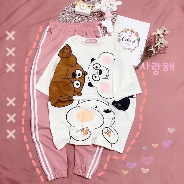 Sét áo hình ngộ nghĩnh + quần bo gấu hồng