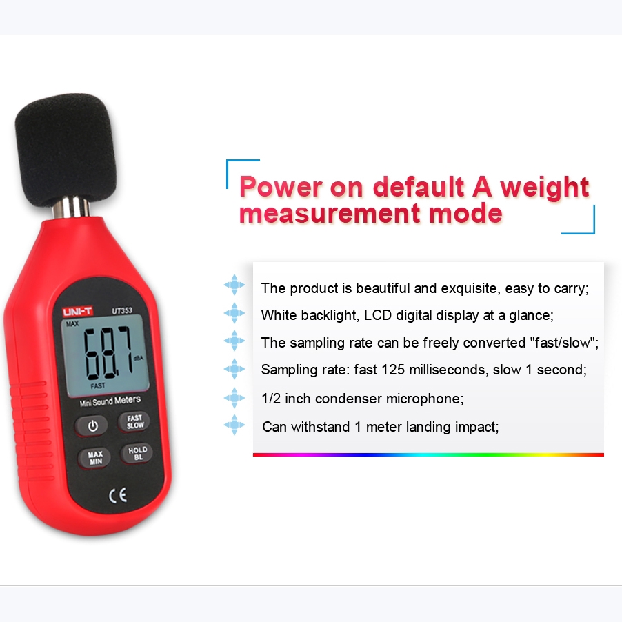 UT353 Máy đo mức âm thanh kỹ thuật số Mini Máy đo decibel Máy dò âm thanh Chẩn đoán 30 ~ 130db Giữ dữ liệu Đèn nền LCD