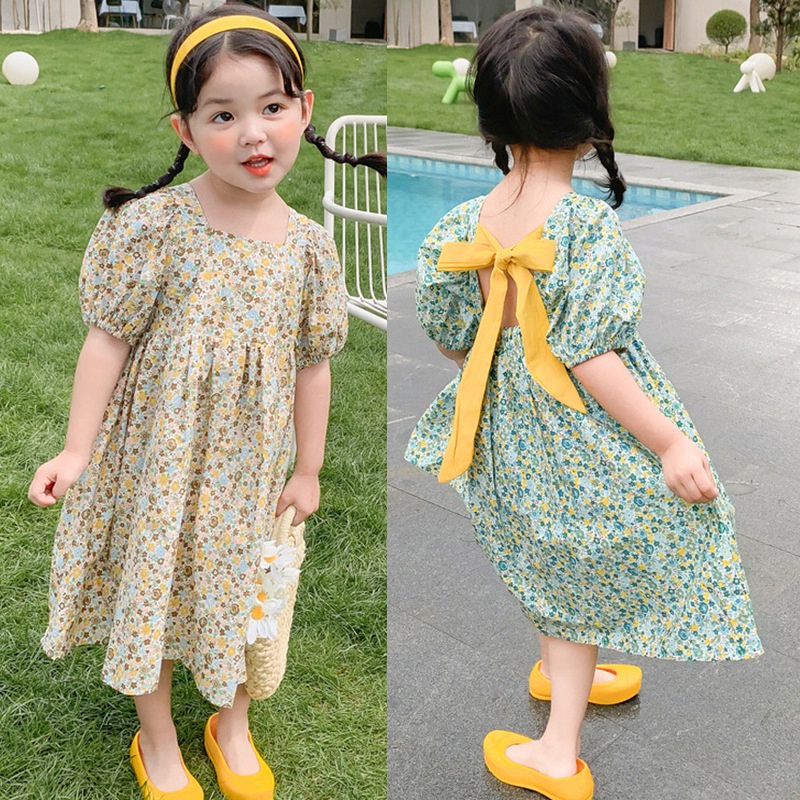 Đầm Công Chúa Tay Ngắn Hở Lưng In Hoa Dễ Thương Cho Bé Gái