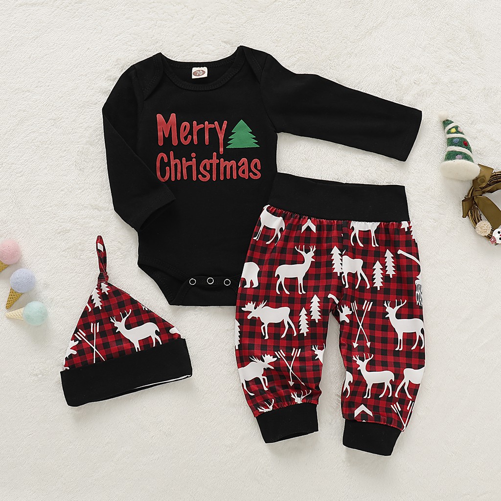 Set áo liền quần tay dài + quần dài + mũ Mikrdoo vải cotton phong cách Giáng sinh cho bé trai