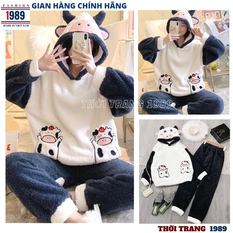 Bộ ngủ lông gấu BÒ SỮA siêu kute dễ thương ulzzang ,bộ đồ mặc nhà xinh sắn ấm áp mùa đông -PHƯƠNG 1989