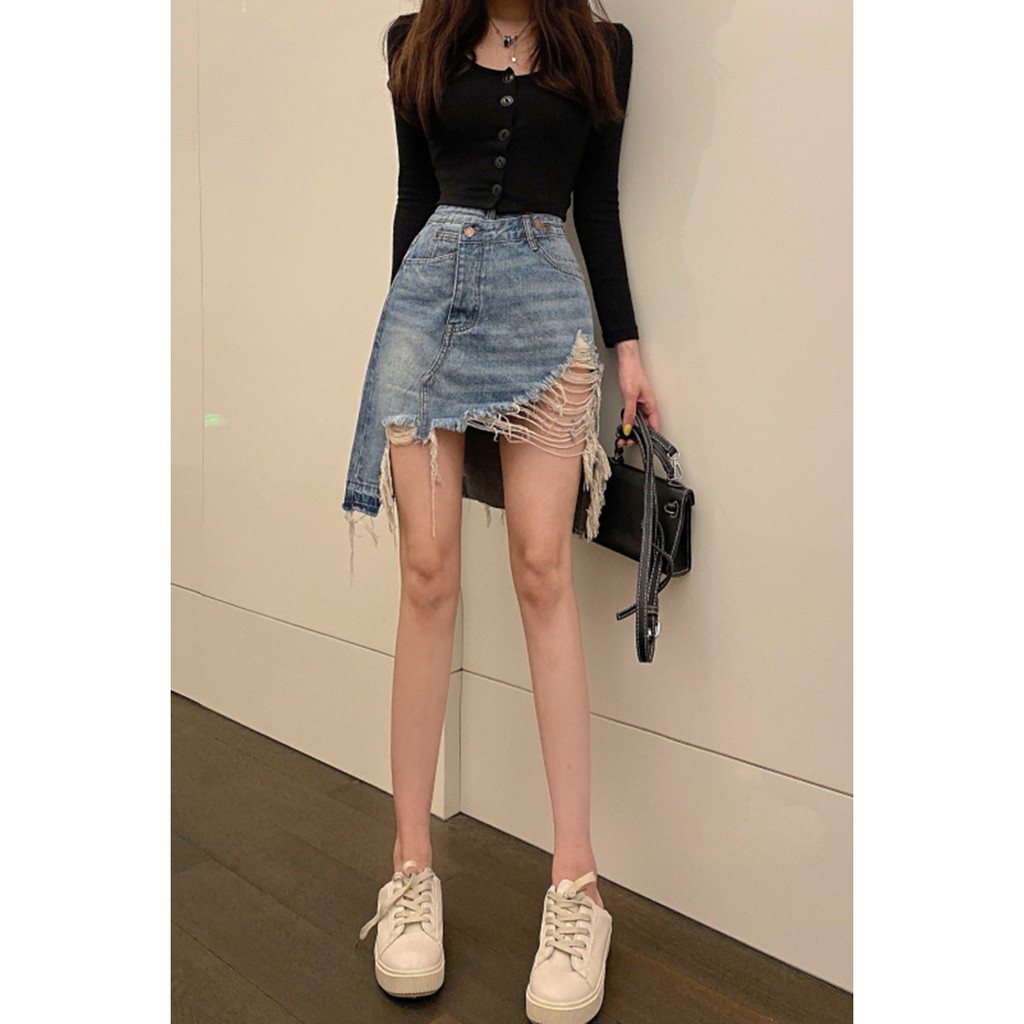 Váy jeans ngắn rách xanh ulzzang