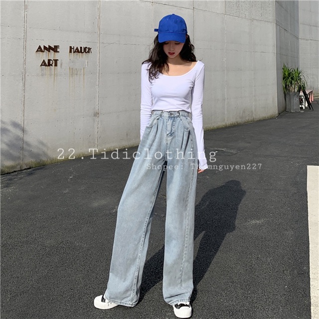 Quần jeans ulzzang gài eo ống rộng / quần bò retro ống suông dáng dài