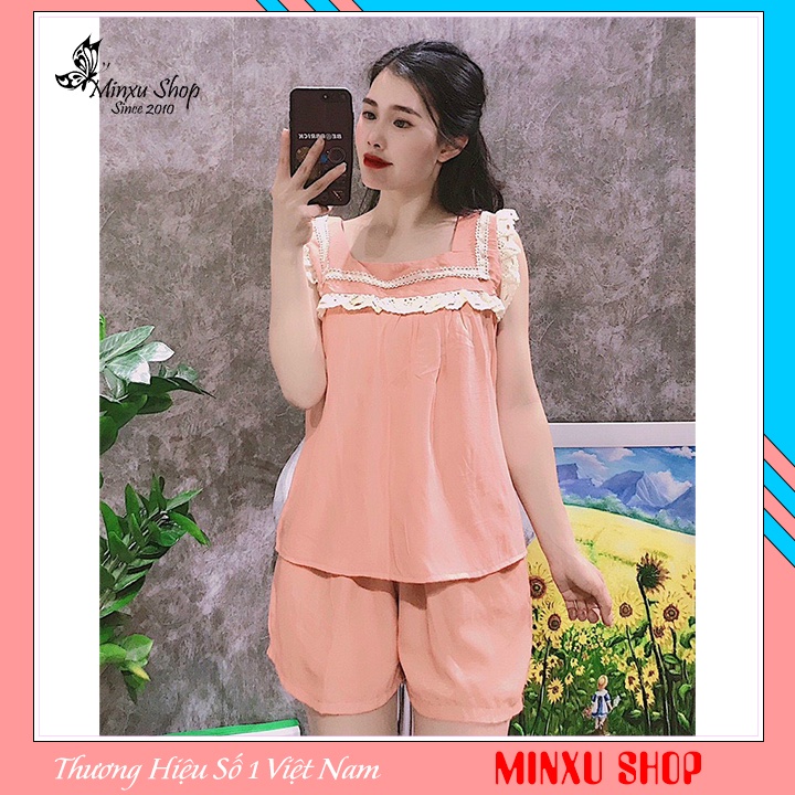 Bộ mặc nhà nữ sát nách vải đũi mát lịm thoải mái, nhiều màu tươi sáng nữ tính, kiểu dáng trẻ trung Minxu Shop AE