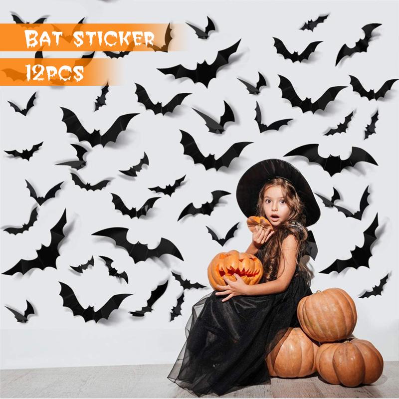 Bộ 12 miếng dán tường trang trí hình dơi đen 3D bằng PVC DIY