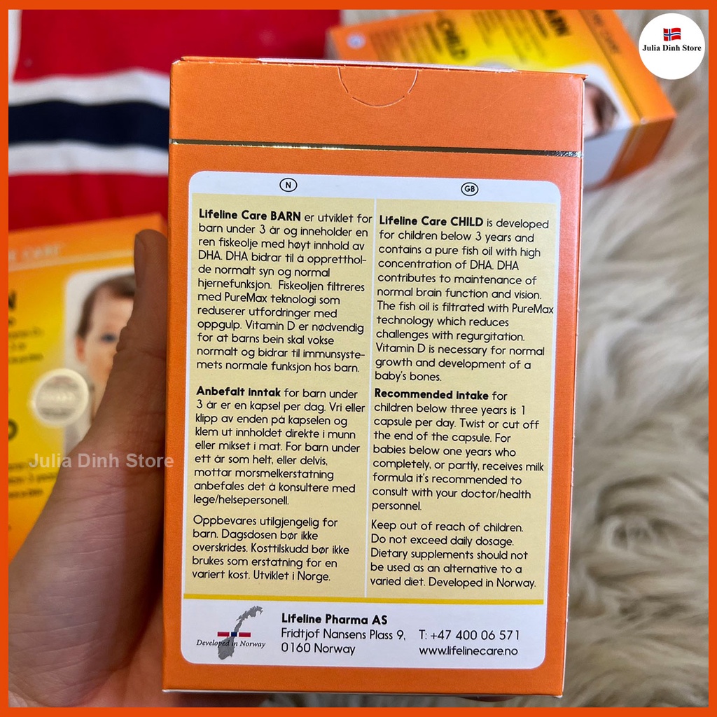 Dầu cá kim cương LIFELINE CARE BARN bổ sung Omega 3, Vitamin D3 cho bé từ 4 tuần tuổi nội địa Na Uy - hộp 30 viên