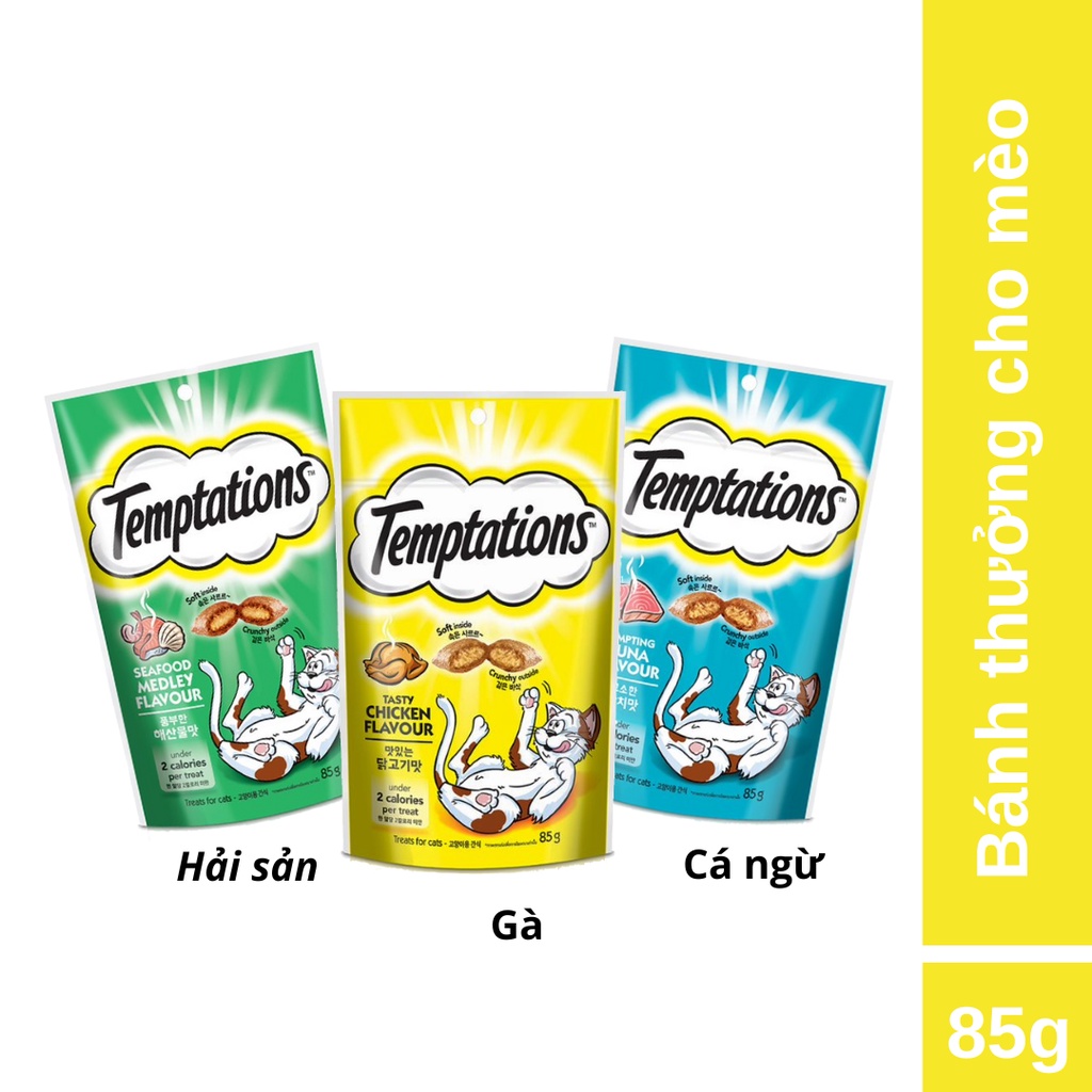 Bộ 3 túi bánh thưởng cho mèo Temptations: vị cá ngừ, hải sản và gà 85g/túi