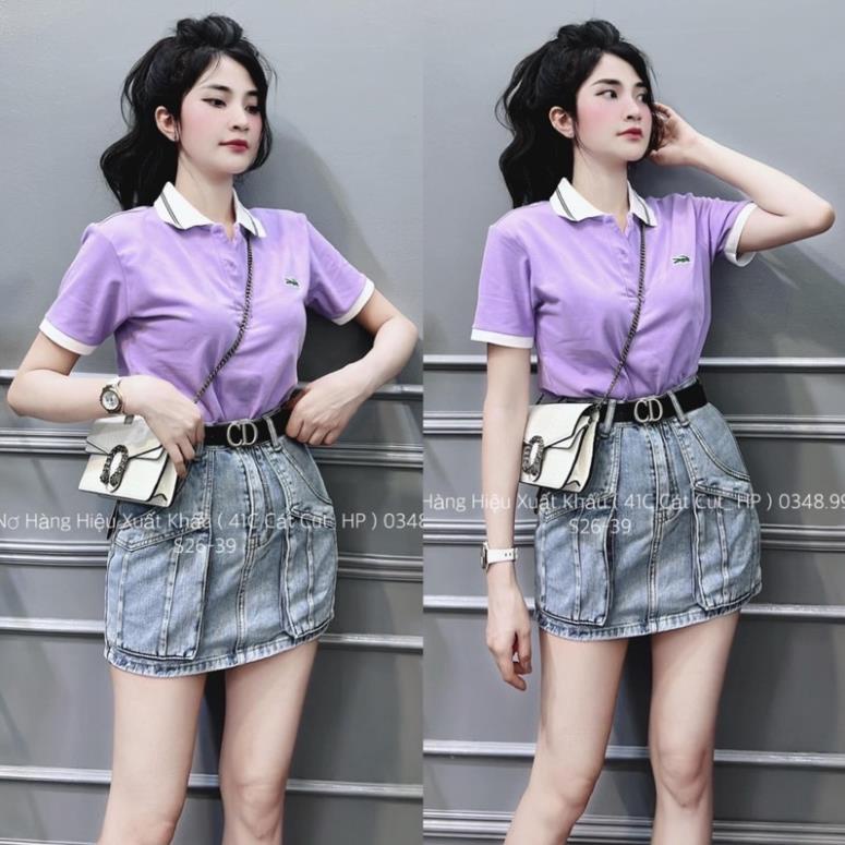 ÁO POLO NỮ 2 MÀU CÁ SẤU MÀU TÍM VÀ XANH - cổ trắng viền