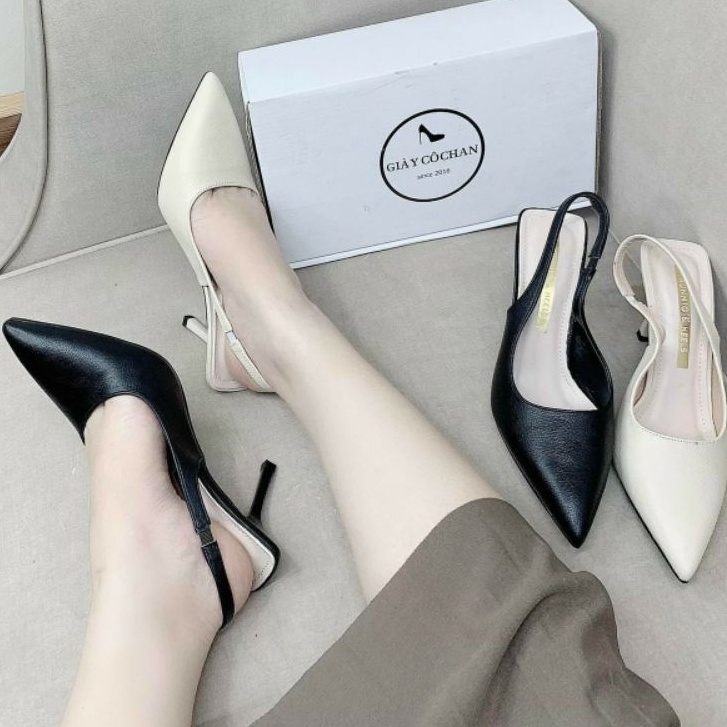 Giày Cao gót mũi nhọn, hở gót chất da lỳ xịn xò nữ tính cao 7cm