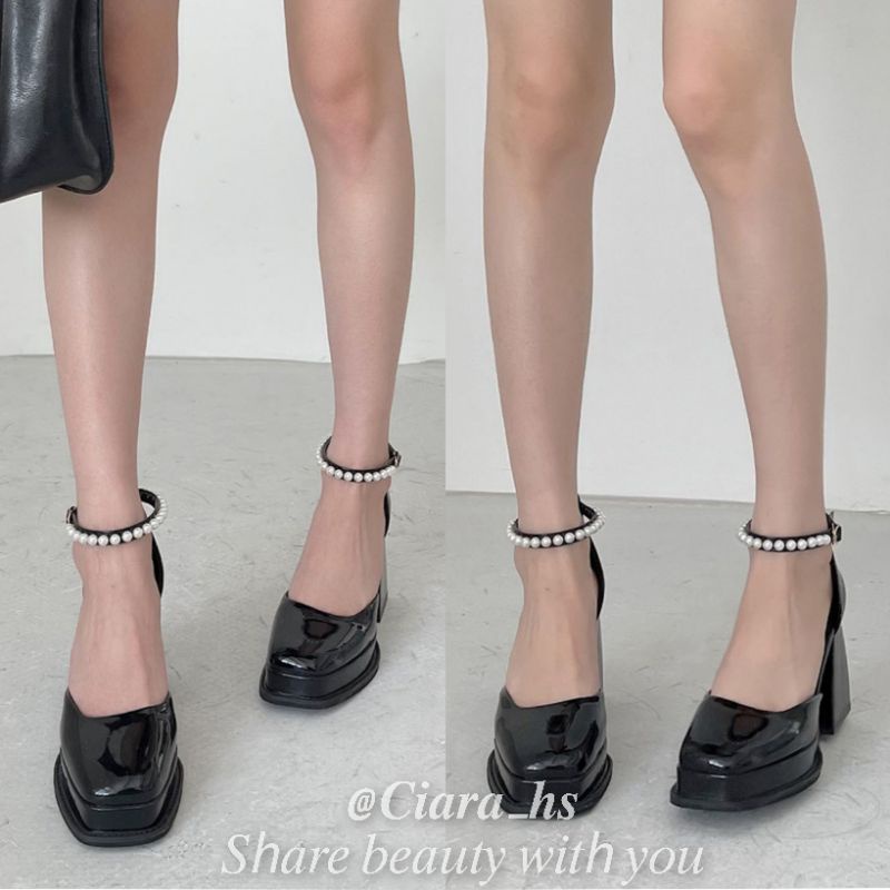 Giày cao gót Mary Jane đính nơ đế vuông dày đẹp cao 9cm