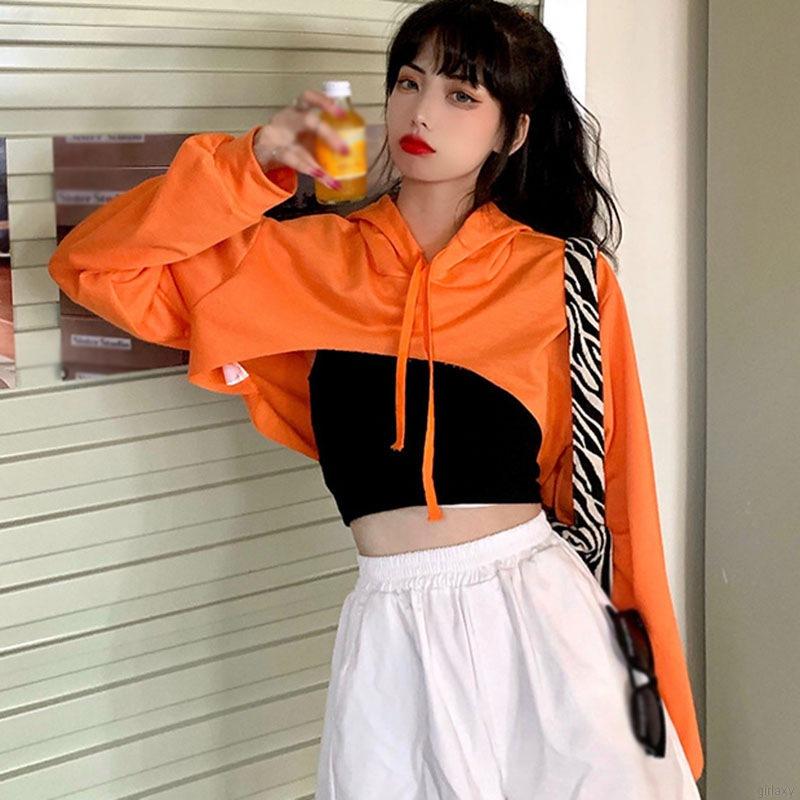 Áo Hoodie Lửng Dài Tay Phong Cách Hàn Quốc Năng Động Cho Nữ