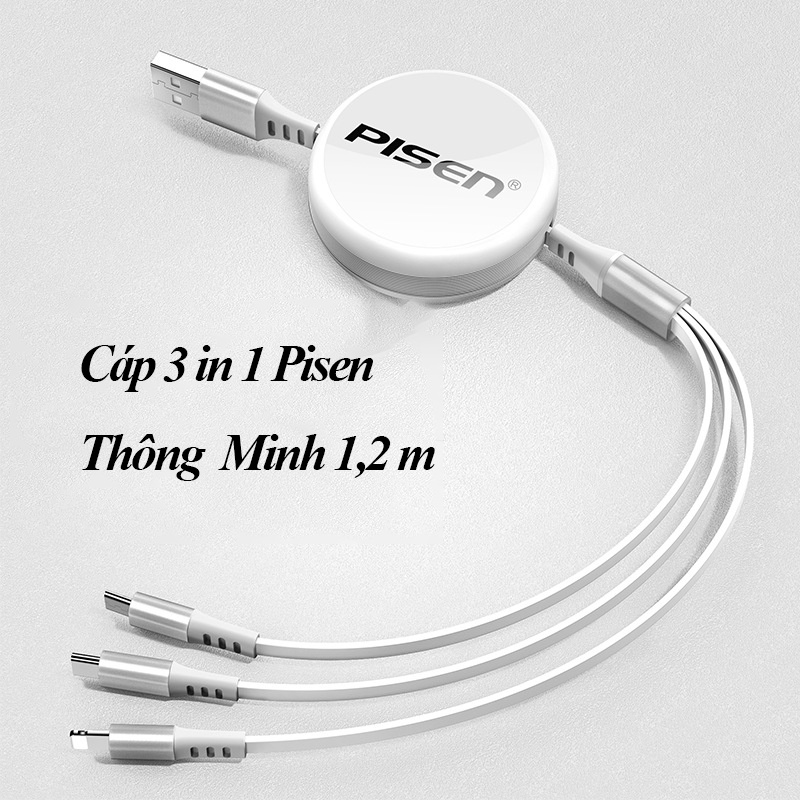 Dây Cáp Sạc 3 Đầu Pisen 3 in 1 Sạc Nhanh 3A Thiết Kế Sang Trọng Thông Minh 88Mobile