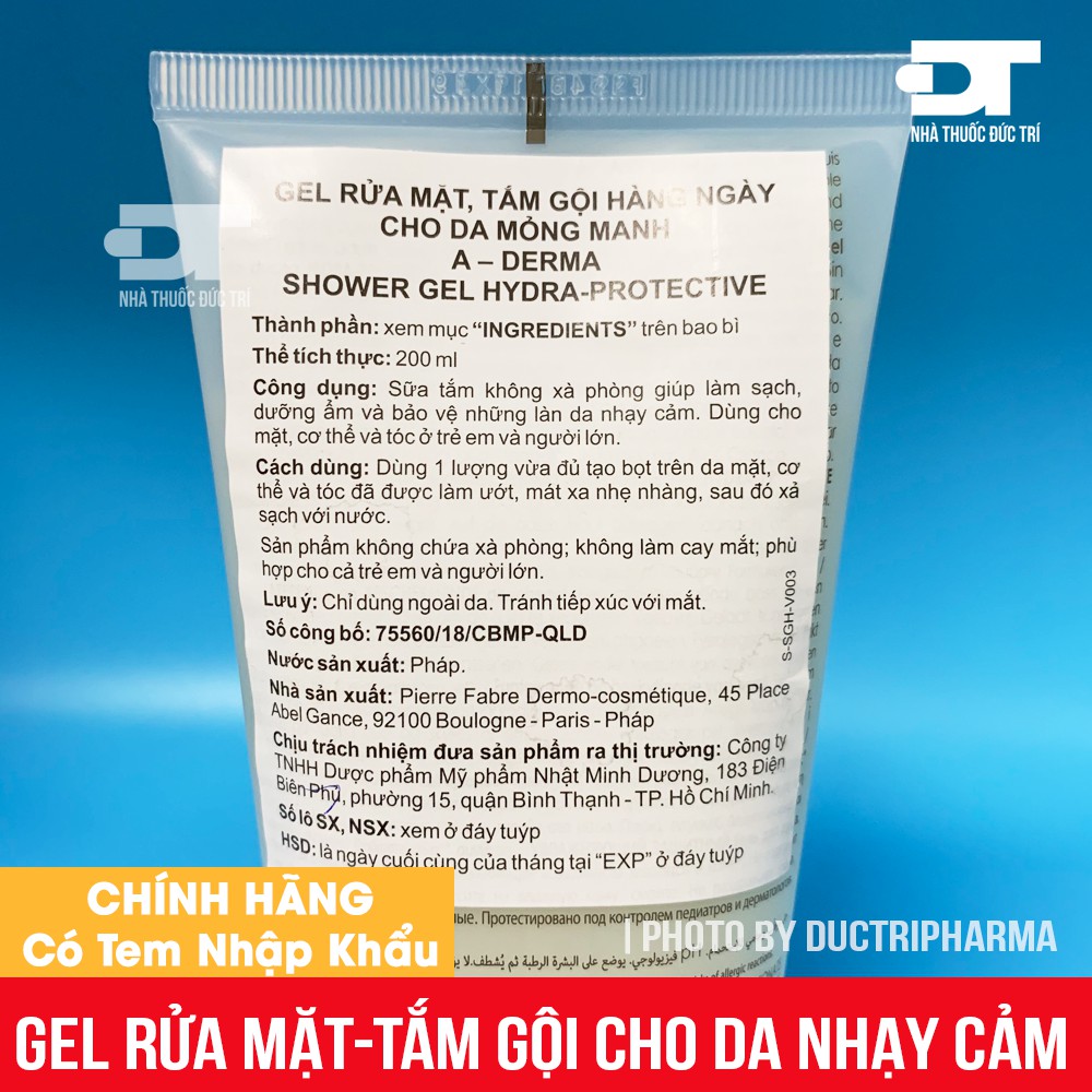 [CHÍNH HÃNG] Gel rửa mặt, tắm gội hàng ngày cho da mỏng manh A-DERMA SHOWER GEL HYDRO-PROTECTIVE ADERMA | BigBuy360 - bigbuy360.vn