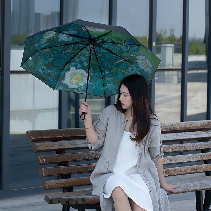 Dù Che Mưa Nắng 50% Tự Động Cực Nhẹ Màu Đen Chống Tia Cực Tím Phong Cách Retro Cho Nữ