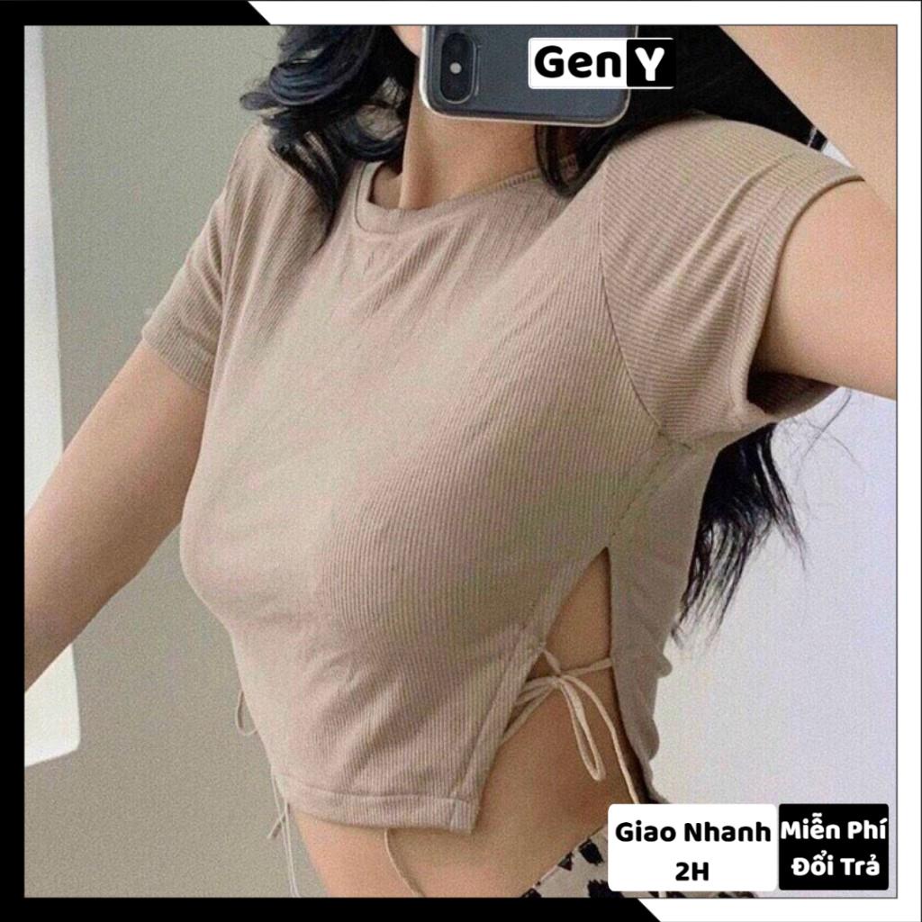 Áo Croptop Nữ Trơn Basic Buộc Dây Hai Bên GenY Áo Kiểu Nữ Cổ Tròn Chất Thun Gân Mịn Siêu Xinh