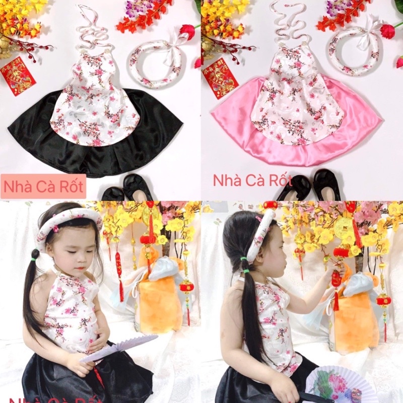 Set yếm đào vải gấm trắng hoa kèm mấn cho bé gái