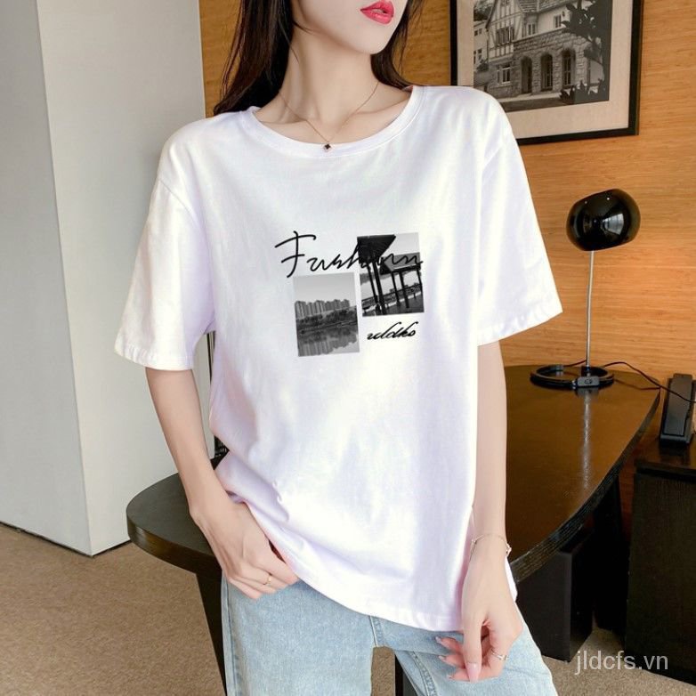 Áo thun cotton tay ngắn dáng rộng phong cách Hàn Quốc thời trang mùa hè mới cho nữ 2021