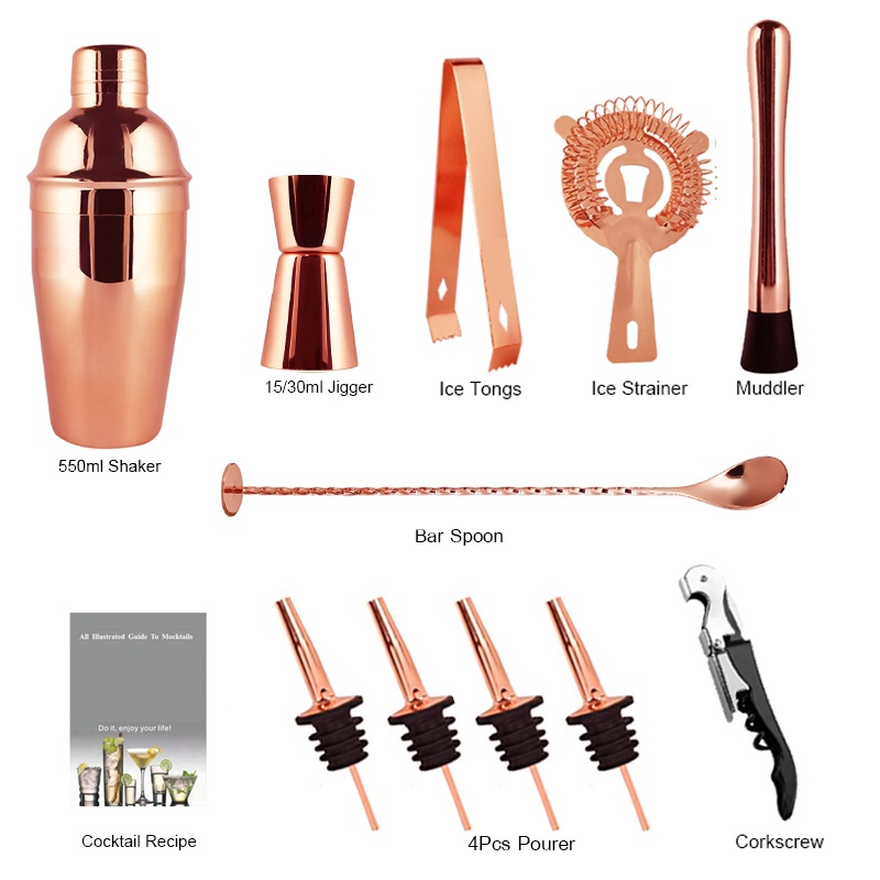 Bộ 12 Dụng Cụ Pha Chế Cocktail Bằng Thép Không Gỉ 550ML 750ML 800 / 600ML Màu Vàng Hồng