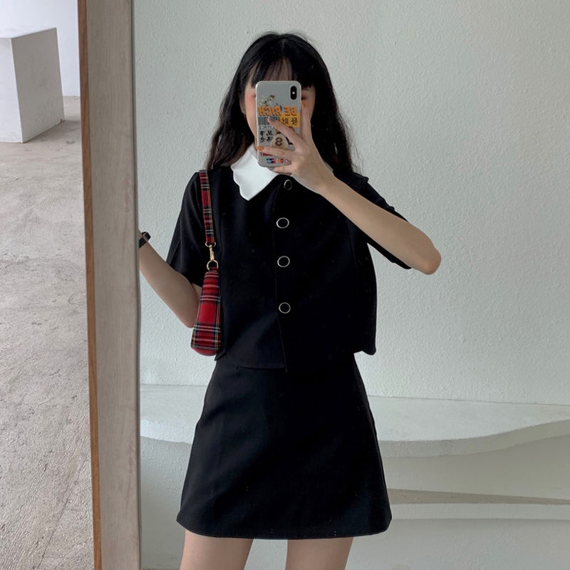 Bộ áo sơ mi lửng tay ngắn + chân váy lưng cao thời trang mùa hè cho nữ | BigBuy360 - bigbuy360.vn