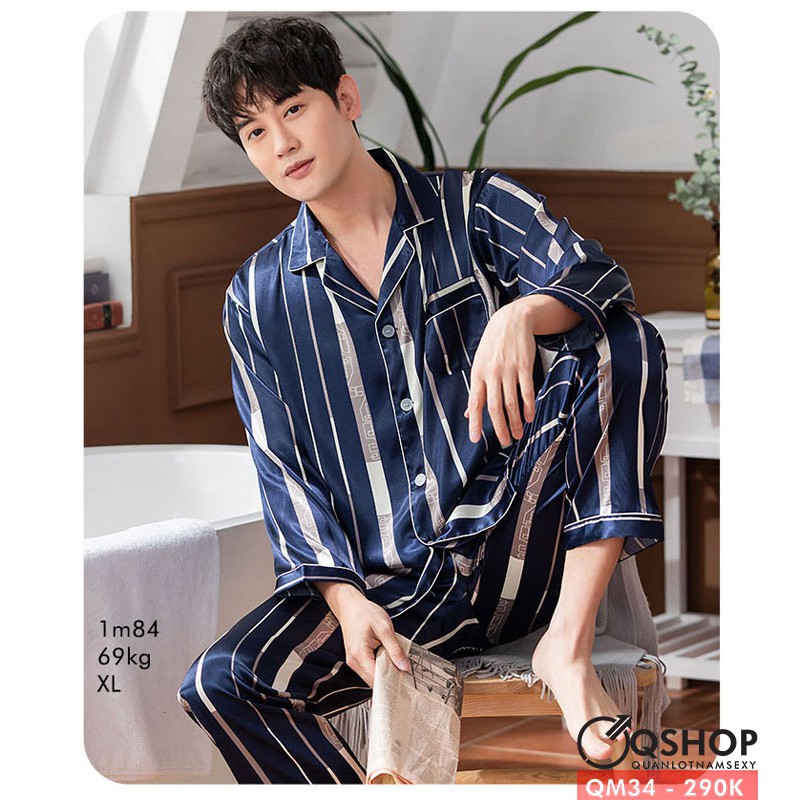 Bộ đồ ngủ đồ mặc nhà pijama nam lụa satin mềm mịn Qshop QM34