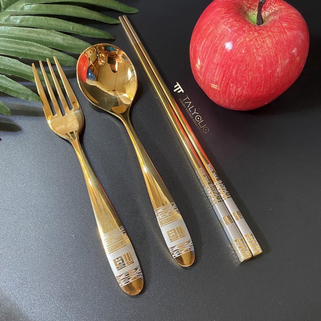 Bộ thìa đũa muỗng dĩa inox 304 mạ vàng cán dài cao cấp sang chảnh dụng cụ cá nhân ăn cơm văn phòng dã ngoại