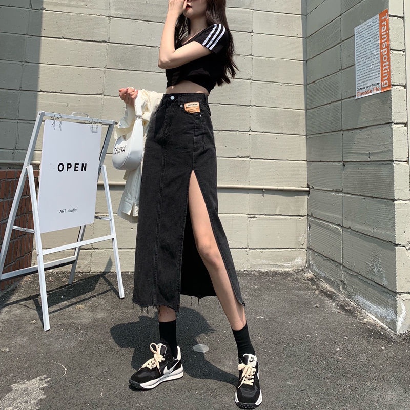Jiashucheng Chân Váy Jean Chữ a Lưng Cao Xẻ Tà Thời Trang Mùa Hè Phong Cách Mới Cho Nữ