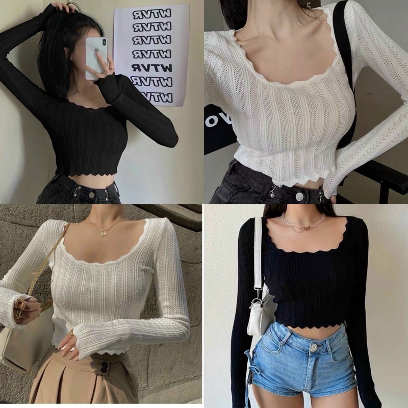 Áo croptop tay dài cổ chữ U viền ren vừa sexy vừa bánh bèo siêu cuốn hút
