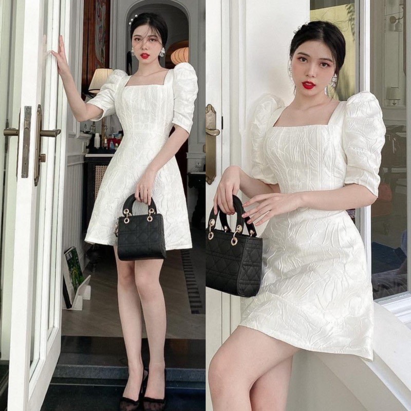 Váy tay bồng cổ vuông gấm xinh xắn 2 màu | BigBuy360 - bigbuy360.vn