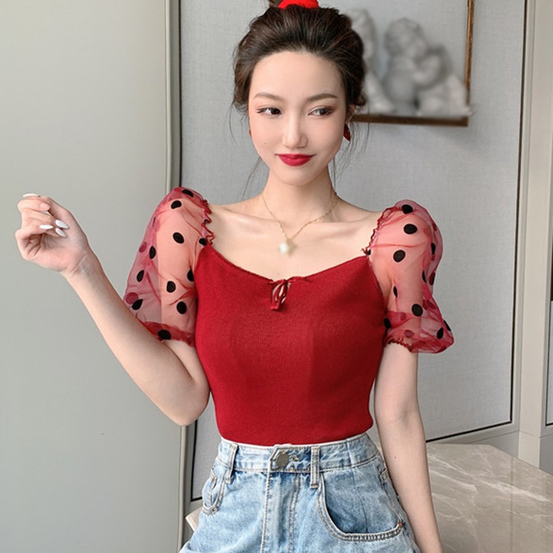 Women's Summer Square Collar Dot Mesh Bubble Sleeve Stitching Short Sleeve Blouse | BigBuy360 - bigbuy360.vn