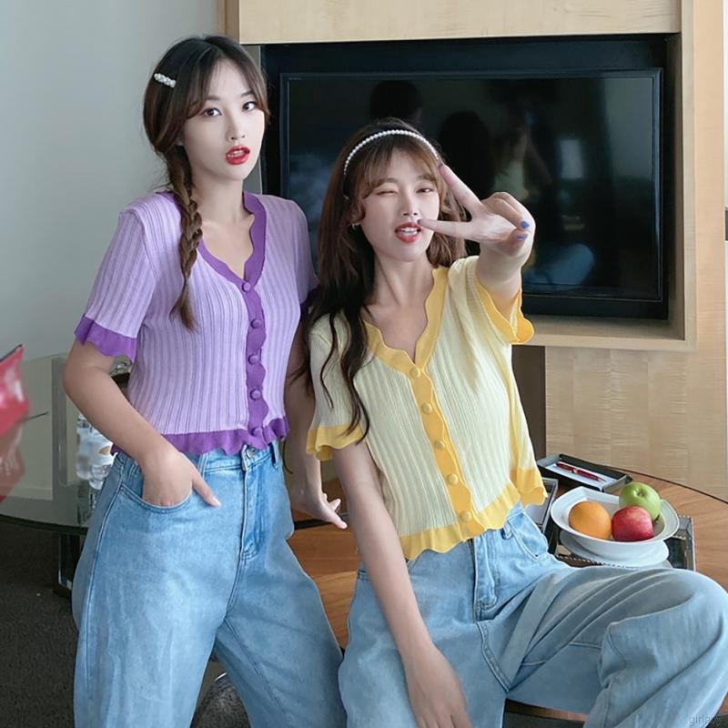 Áo Cardigan Dệt Kim Tay Ngắn Cổ Chữ V Dáng Rộng Phong Cách Hàn Quốc