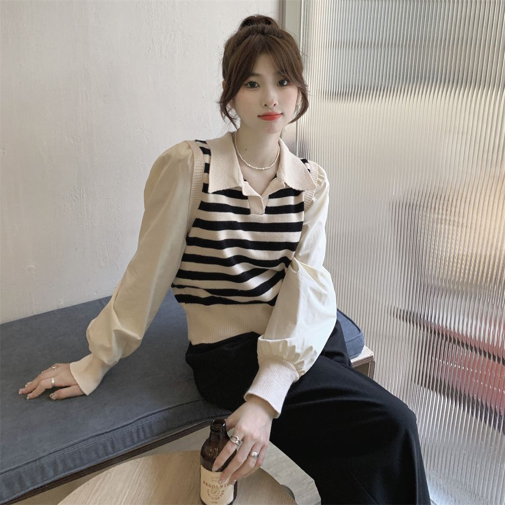 Áo Sweater Tay Dài Cổ Polo Hoạ Tiết Kẻ Sọc Thời Trang Mùa Thu Cho Phái Nữ