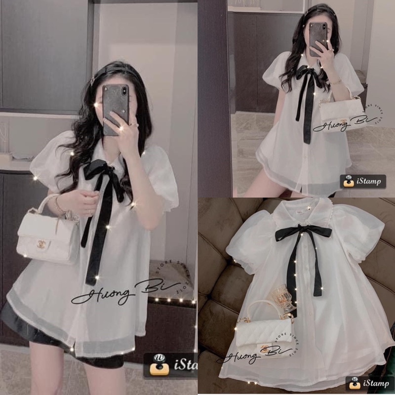 Áo Babydoll 2 Lớp Tay Bồng Thắt Nơ Đen