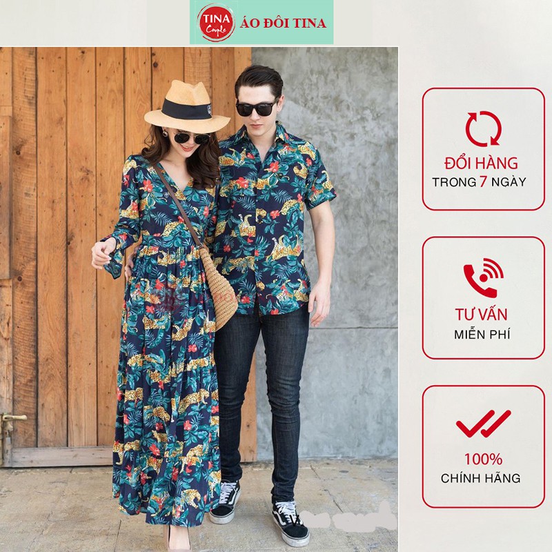 Áo Đôi Nam Nữ, Đi Biển, Set Đồ Cặp Vải Mềm Mịn Không Nhăn, Đồ Đôi Hàn Quốc, Áo Sơ Mi Nam Ngắn Tay, Váy Nữ Dáng Dài