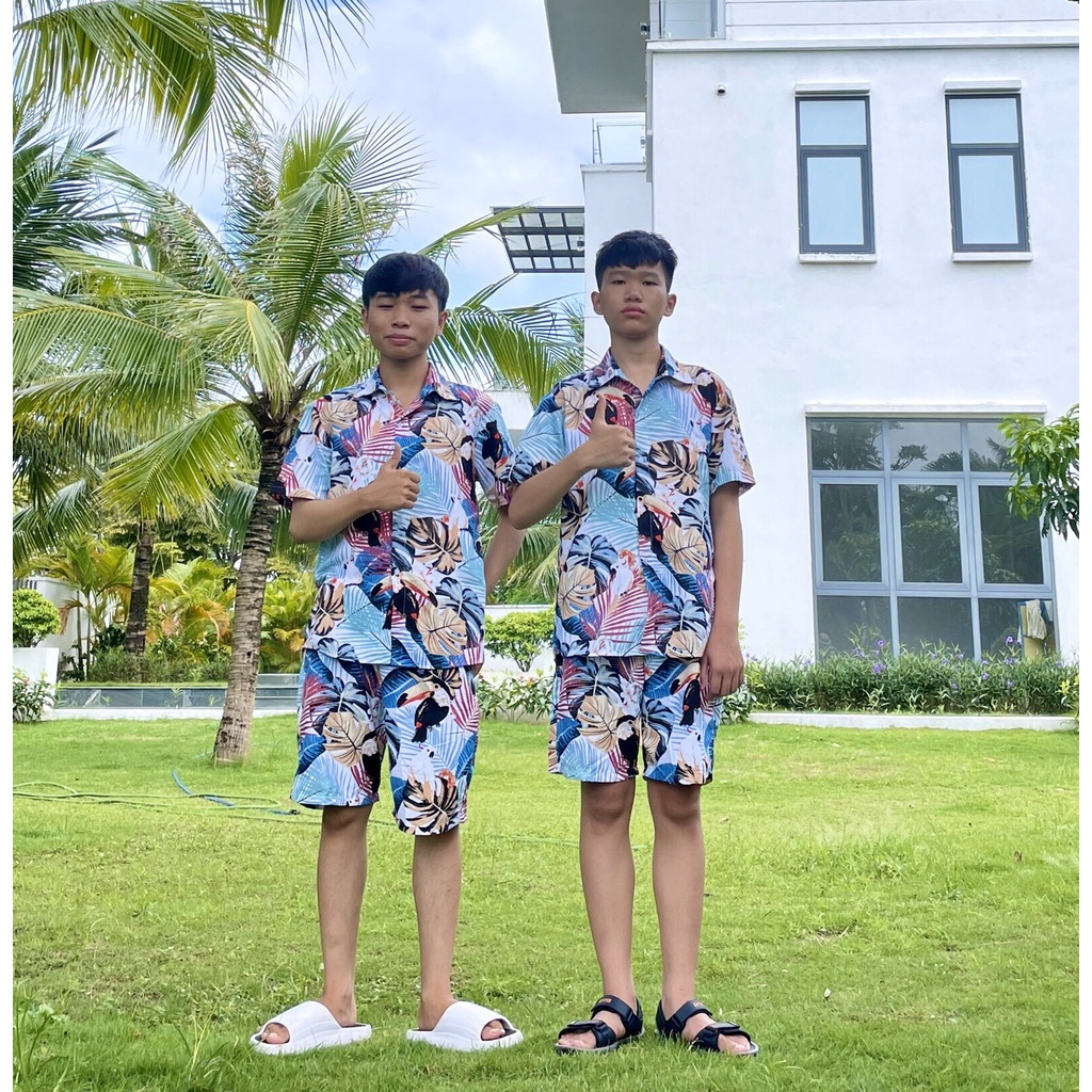 Áo sơ mi họa tiết hawaii hoa lá đi biển cho nhóm, công ty gia đình cực đẹp vải Kate Thái cao cấp