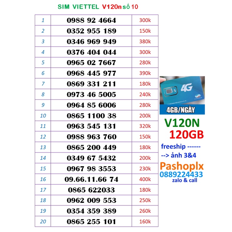 Sim Viettel v120n số đẹp 10.