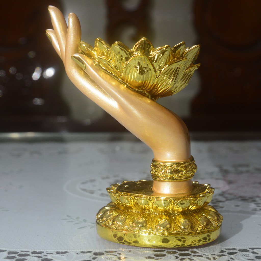Tượng bàn tay Phật nâng hoa sen xi vàng cao 12cm