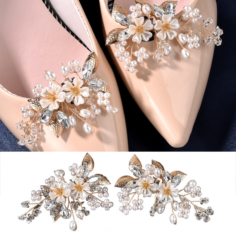 Set 2 Khóa Kẹp Giày Đính Đá / Ngọc Trai / Hoa Xinh Xắn Trang Trí Tiệc Cưới