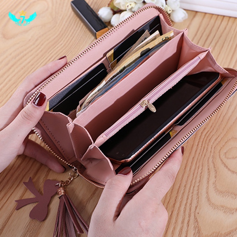 Ví Da PU Dáng Dài Phối Màu Tương Phản Phối Tua Rua Dễ Thương Cho Nữ