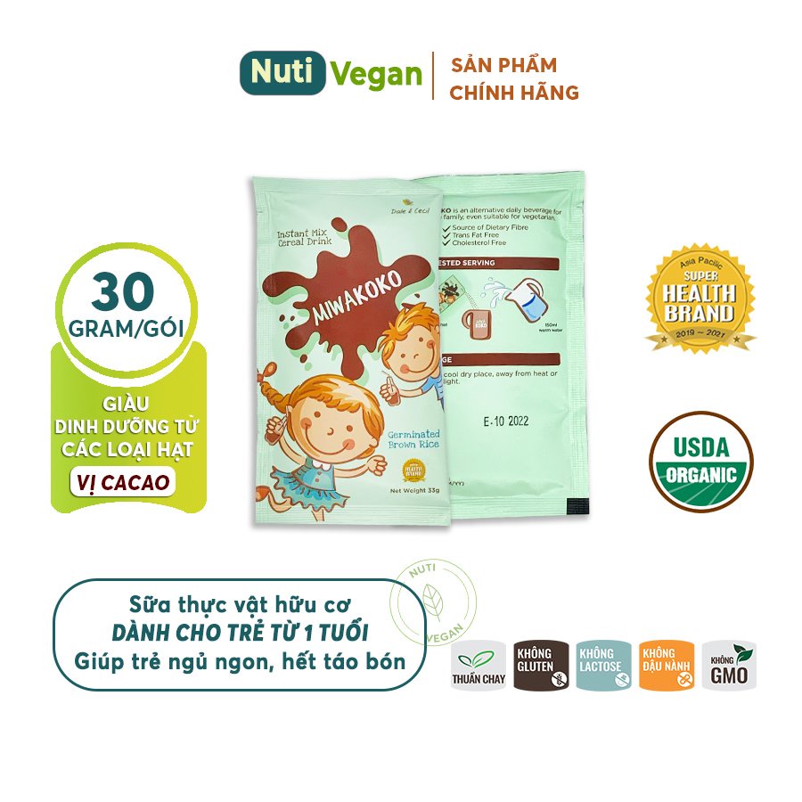 Sữa Hạt Hữu Cơ MIWAKOKO nhập khẩu Malaysia, Gói 30g vị Cacao, Sữa Cho Bé Dị Ứng Đạm Bò, Tăng Động Chậm Nói - nutivegan