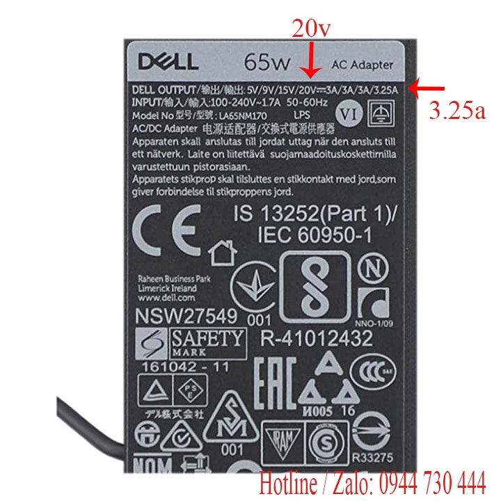 sạc pin laptop Dell XPS 12 9250 20v hàng chính hãng